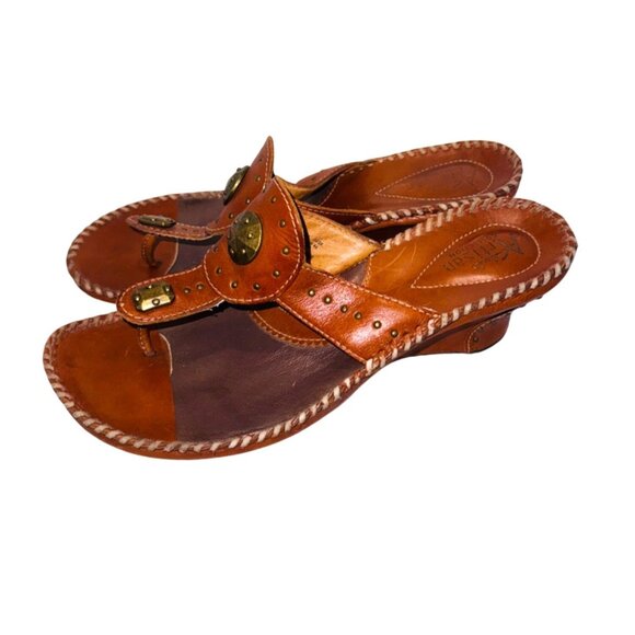 Clarks Artisan Collection Leather Wedge Sandal Studded Braided Trim Boho Cottage - Picture 2 of 10